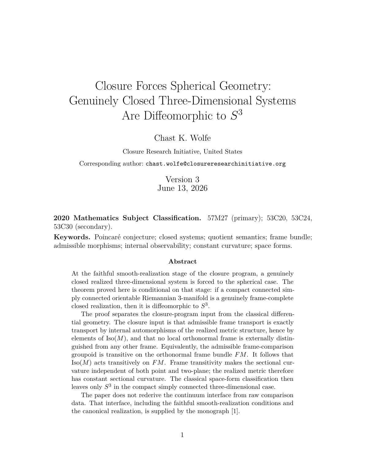 First page of Closure Forces Spherical Geometry