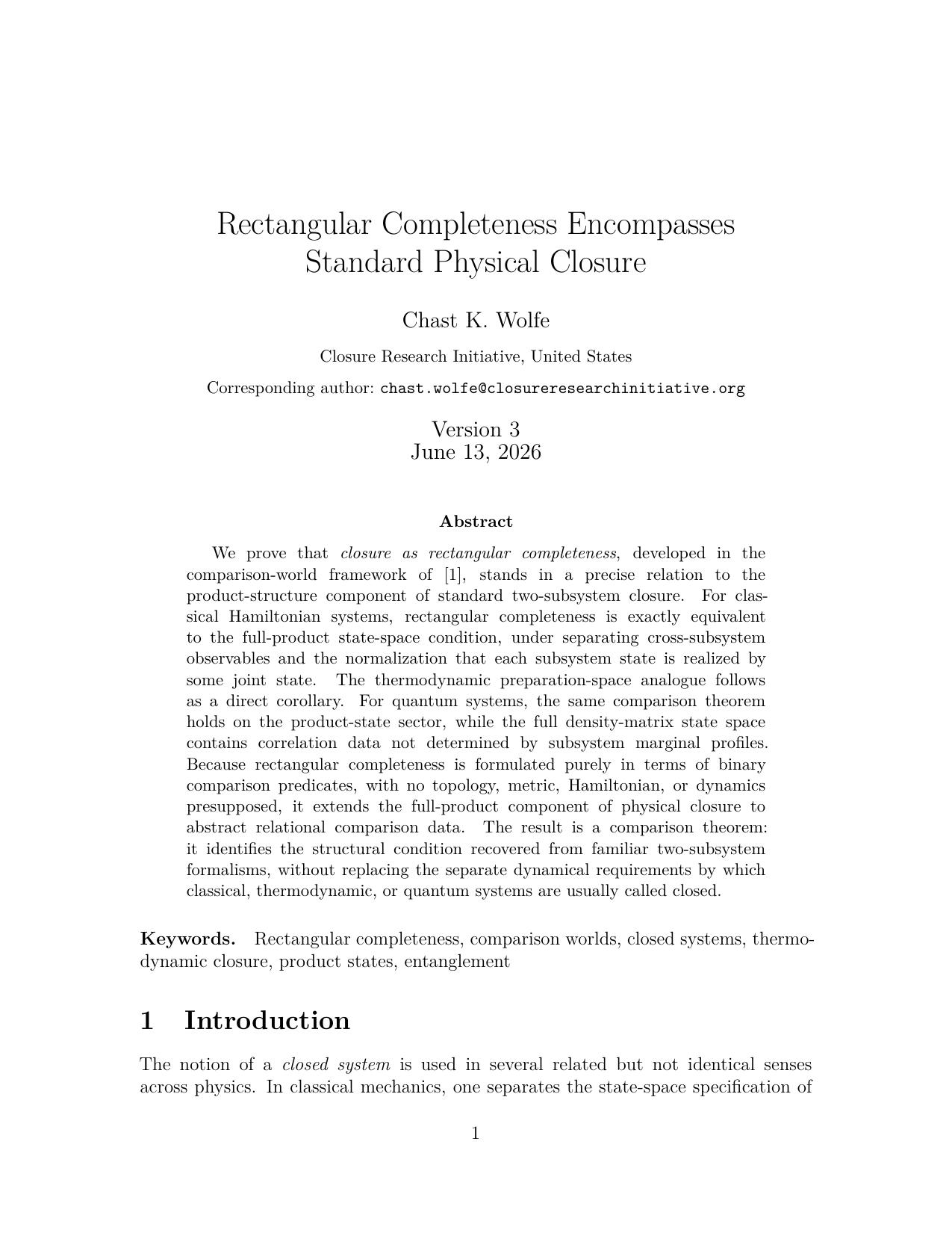 First page of Rectangular Completeness Encompasses Standard Physical Closure