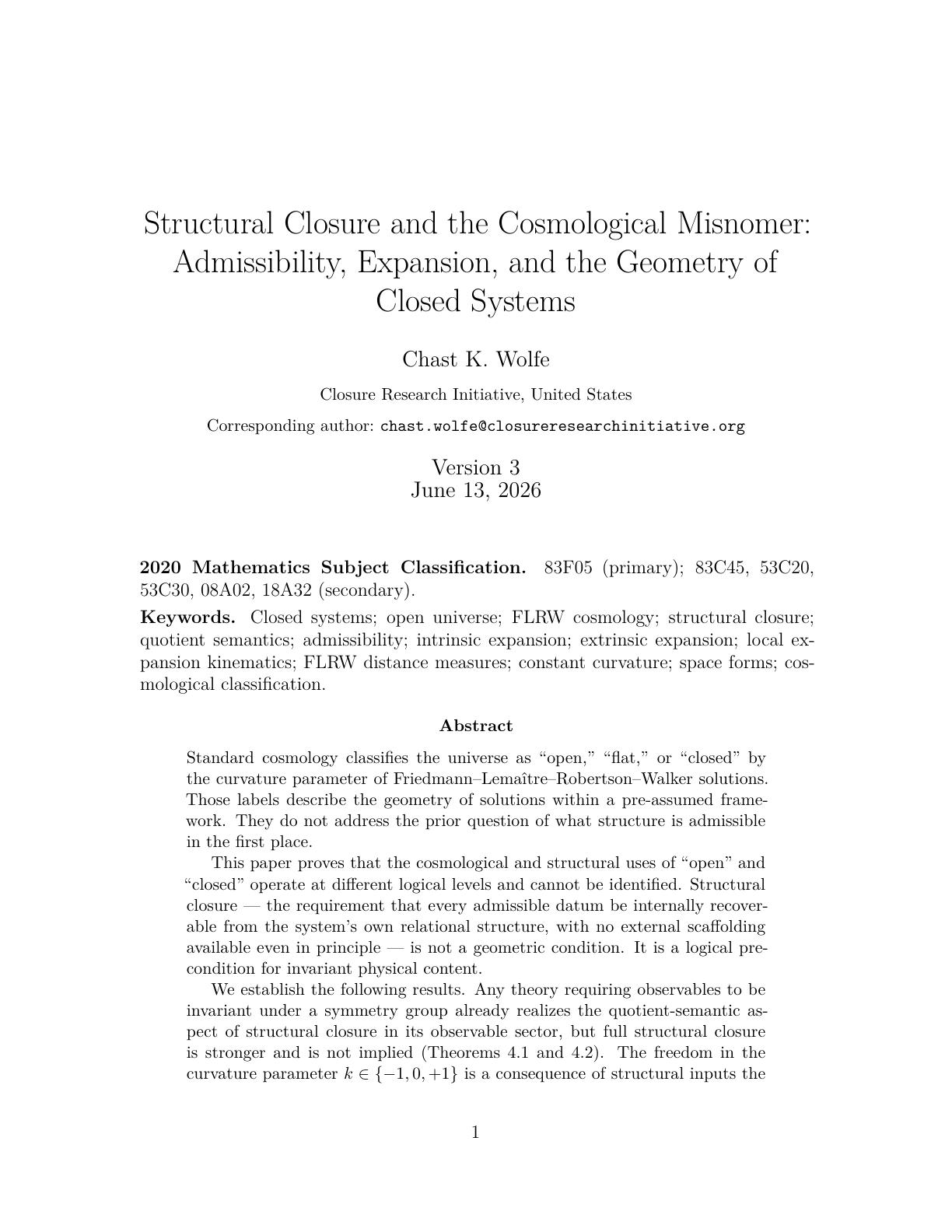 First page of Structural Closure and the Cosmological Misnomer